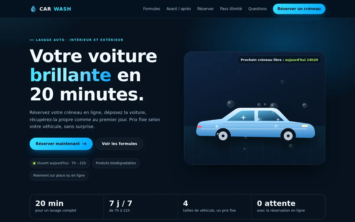 Maquette du site Carwash : réservation de lavage auto