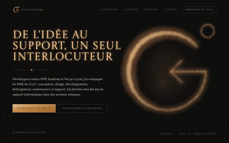 Page d'accueil du site geniuspro360.com : un G bronze se grave dans le noir