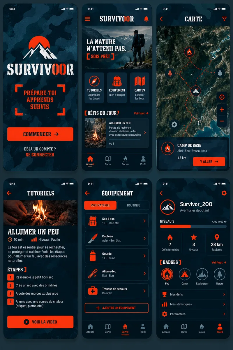 Maquette de l'application mobile Survivoor : écrans accueil, carte, tutoriels, équipement et profil